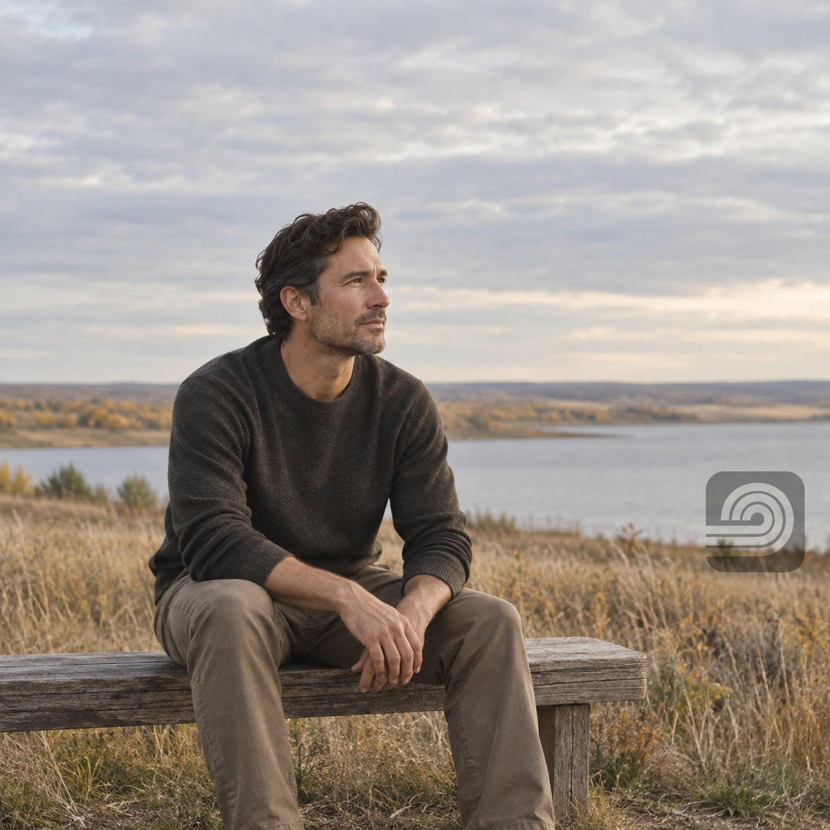 A man sitting quietly on a wooden bench overlooking an autumn prairie lake.