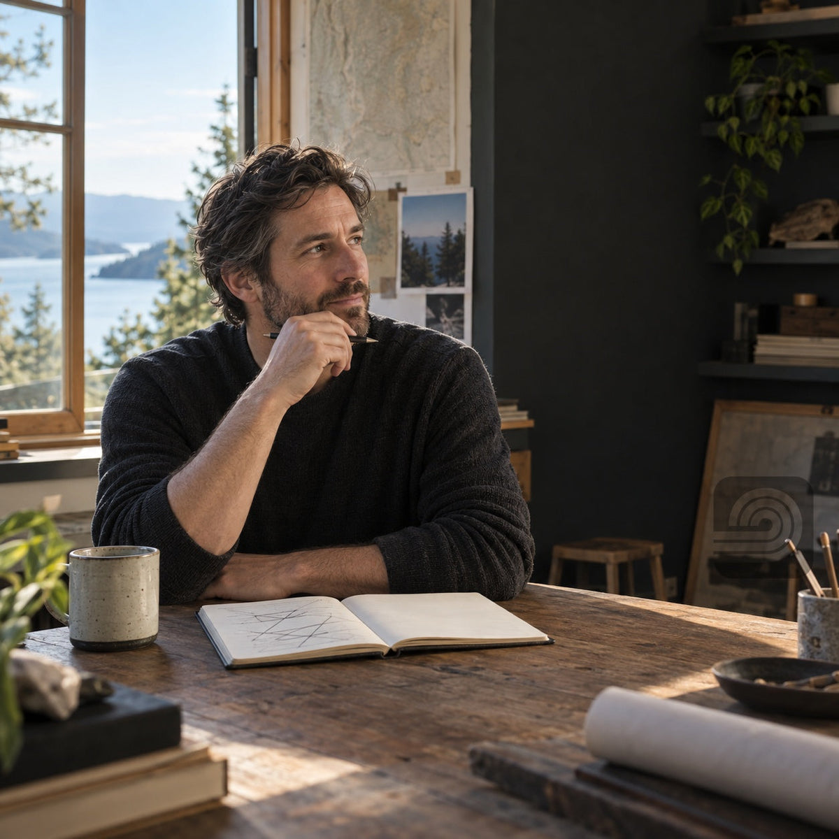 A thoughtful man pausing over an open notebook in a sunlit workshop