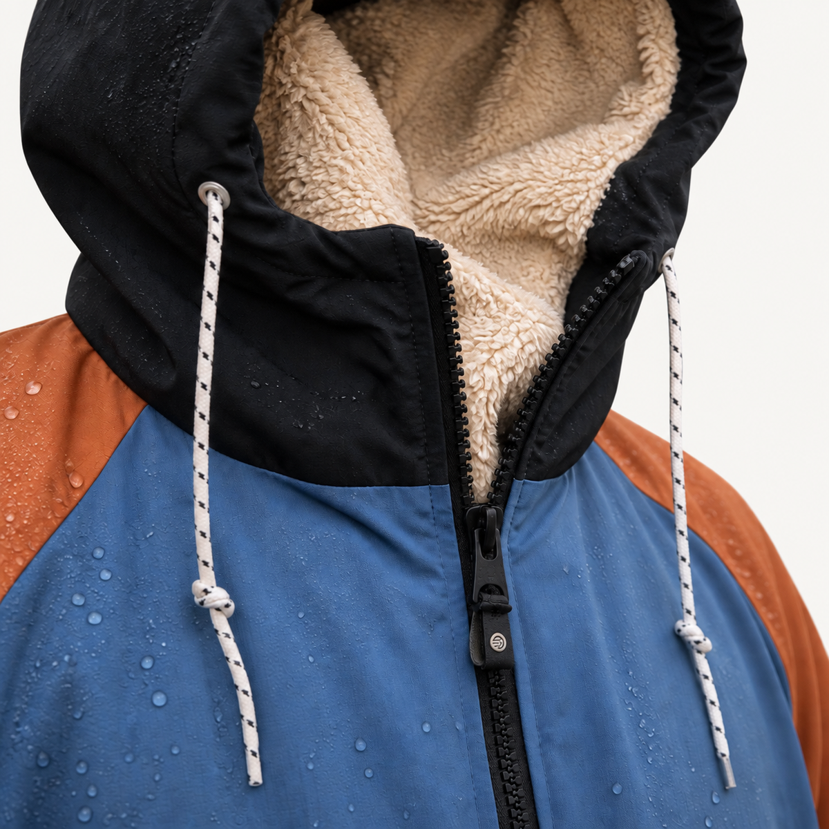 TOGHA black hood, cream sherpa lining and waterproof shell detail