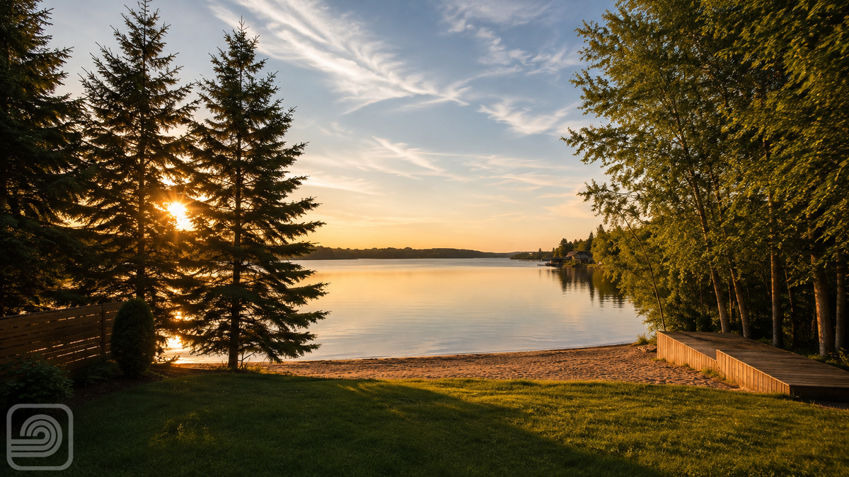 Evening light across Sandy Beach Lake
