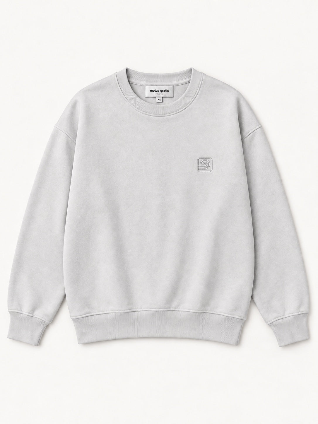 Infinitum Cloud Gray sweatshirt — front with horizontal left-chest emblem