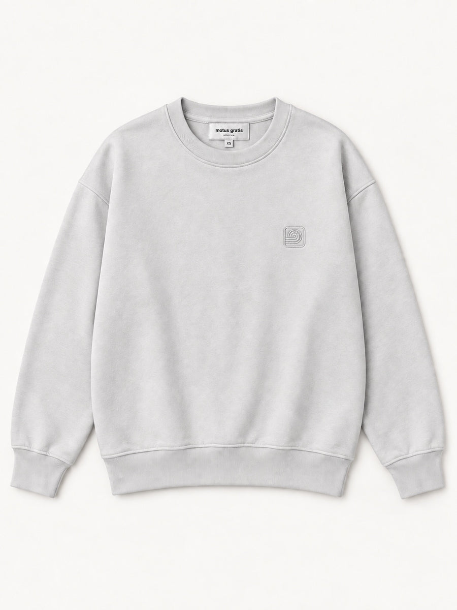 Infinitum Cloud Gray sweatshirt — front with horizontal left-chest emblem