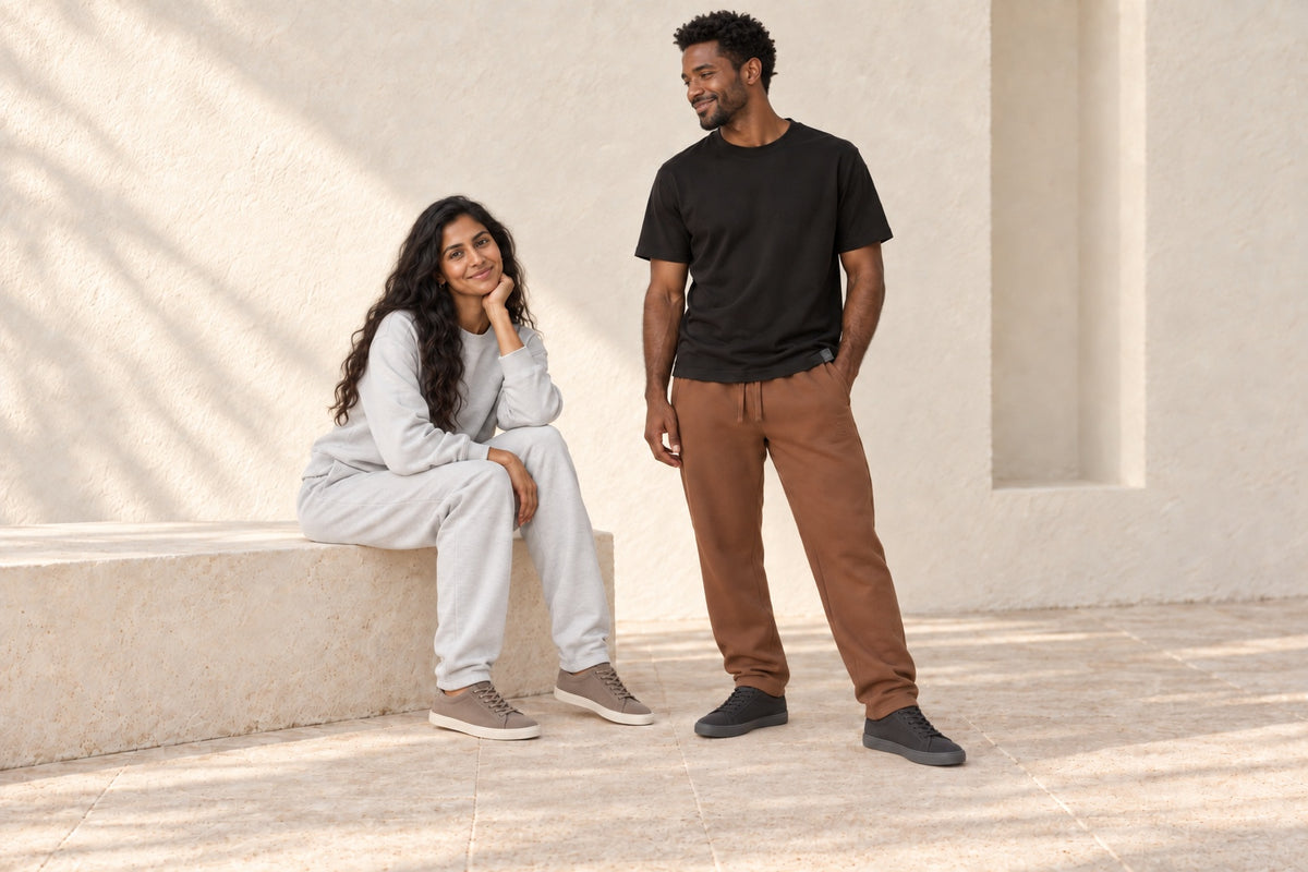 Two models wearing a gray Infinitum and Pura set, and a black Moderni T-shirt with brown Pura sweatpants.