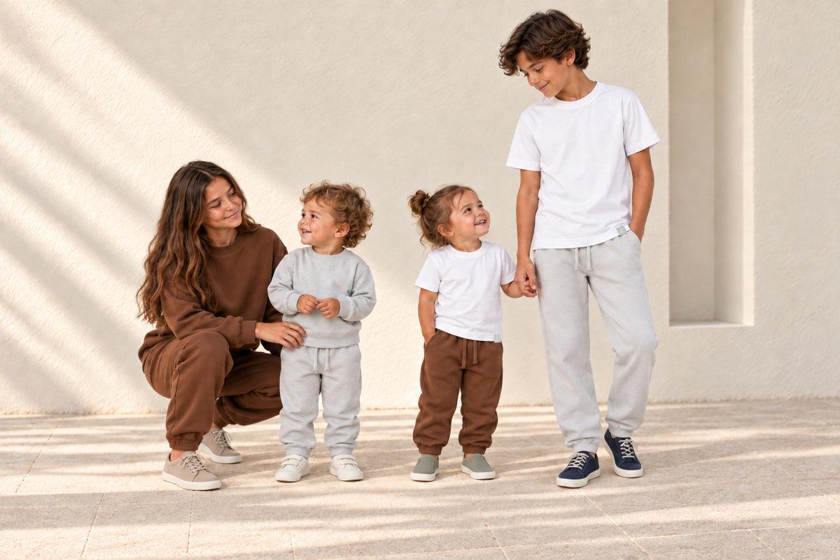 Children and toddlers wearing brown, gray, and white Motus Gratis clothing.