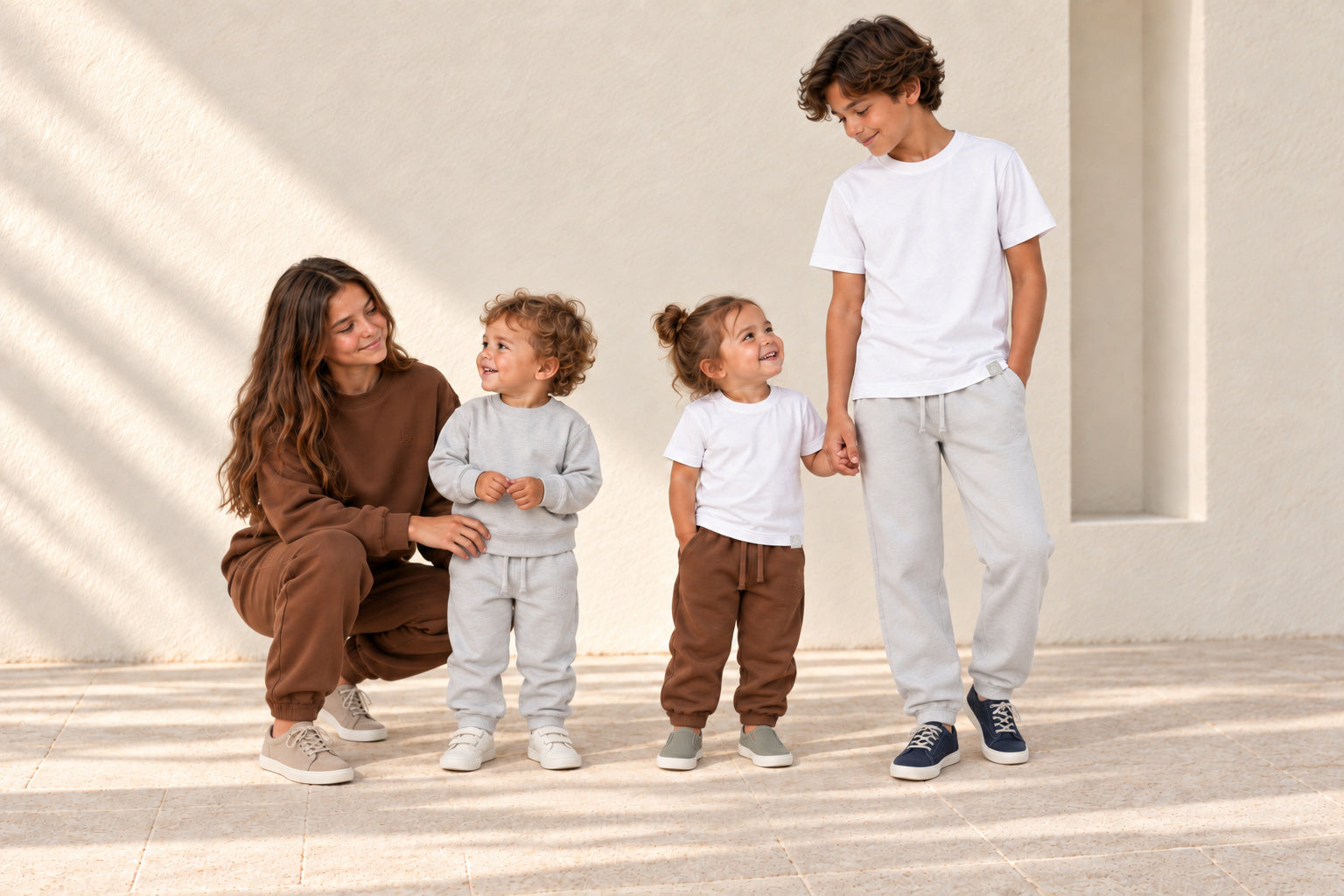 Older children and toddlers in brown and gray Motus Gratis clothing.