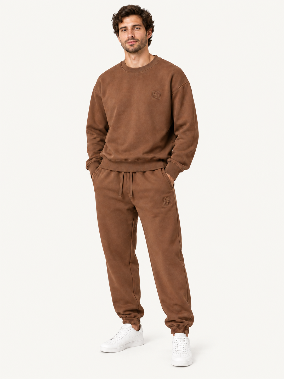 Mens Sweats Brown Model — Sweatshirt and sweatpants · fashion model