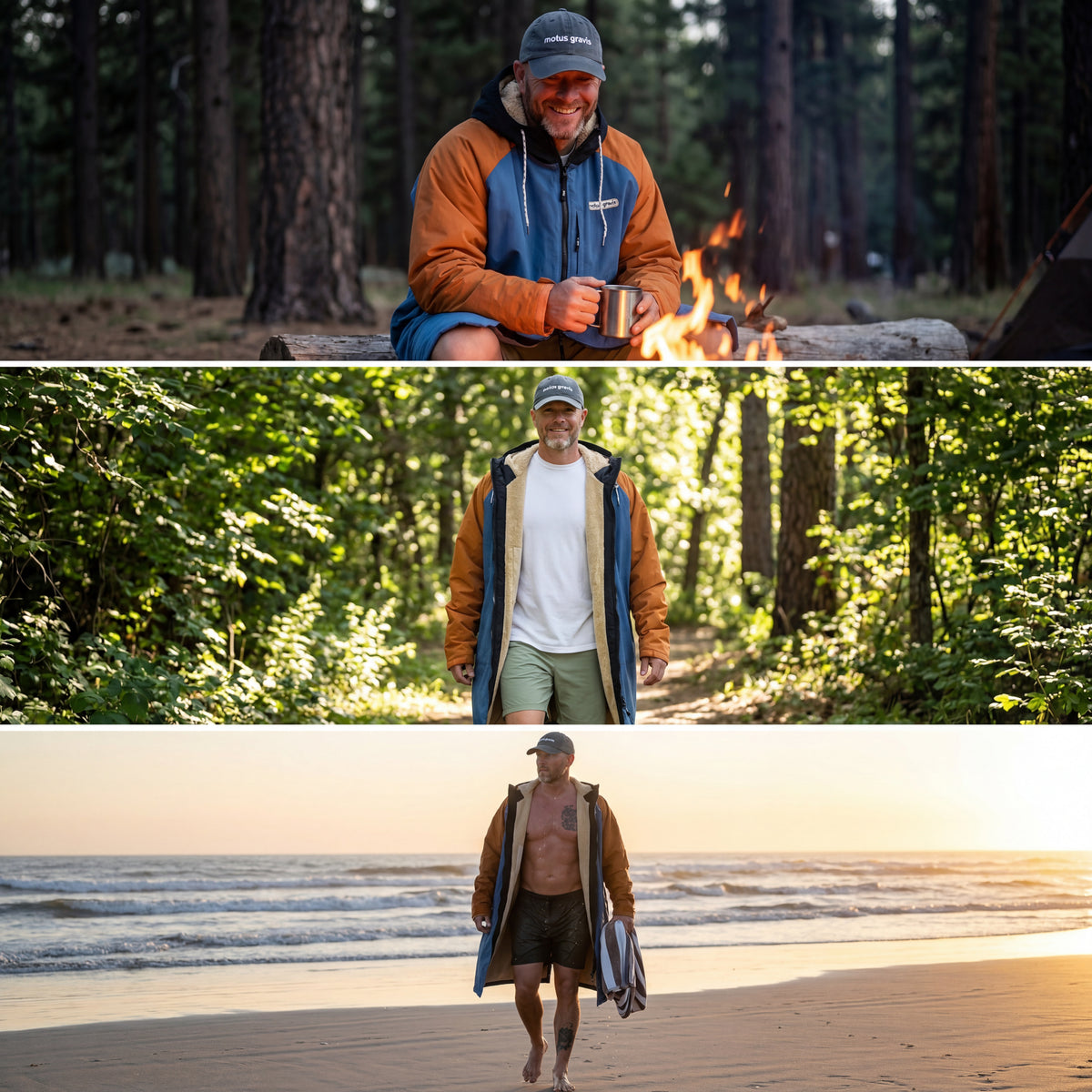 Three scenes of a man wearing the blue and orange TOGHA jacket while camping, hiking, and walking along the beach.