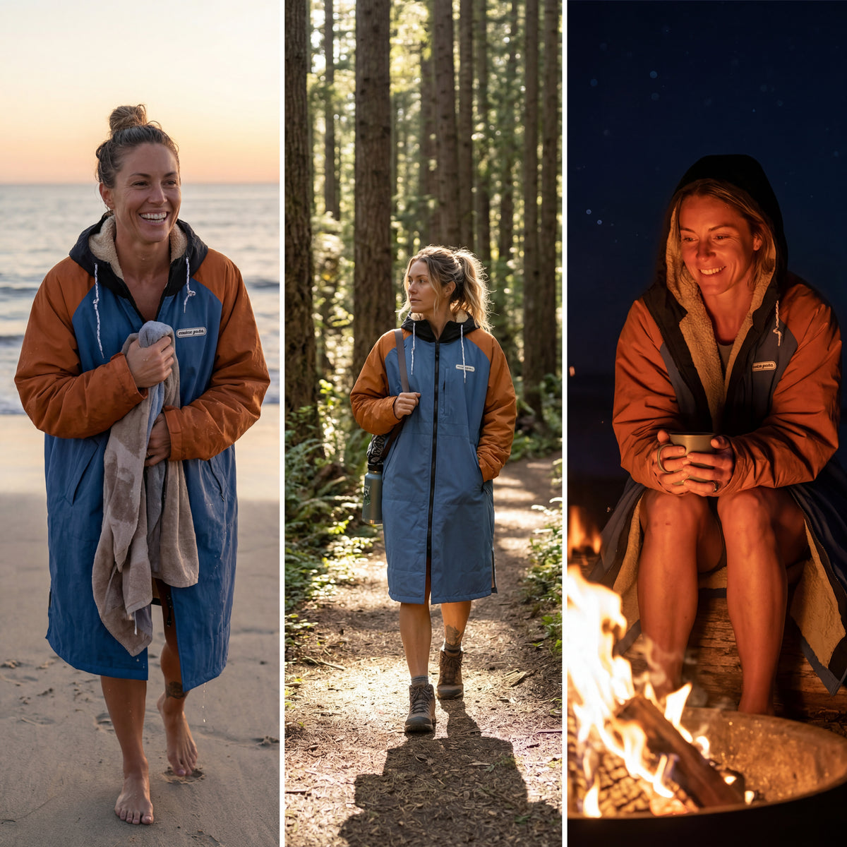 Three scenes of women wearing the blue and orange TOGHA jacket at the beach, on a forest hike, and beside a campfire.