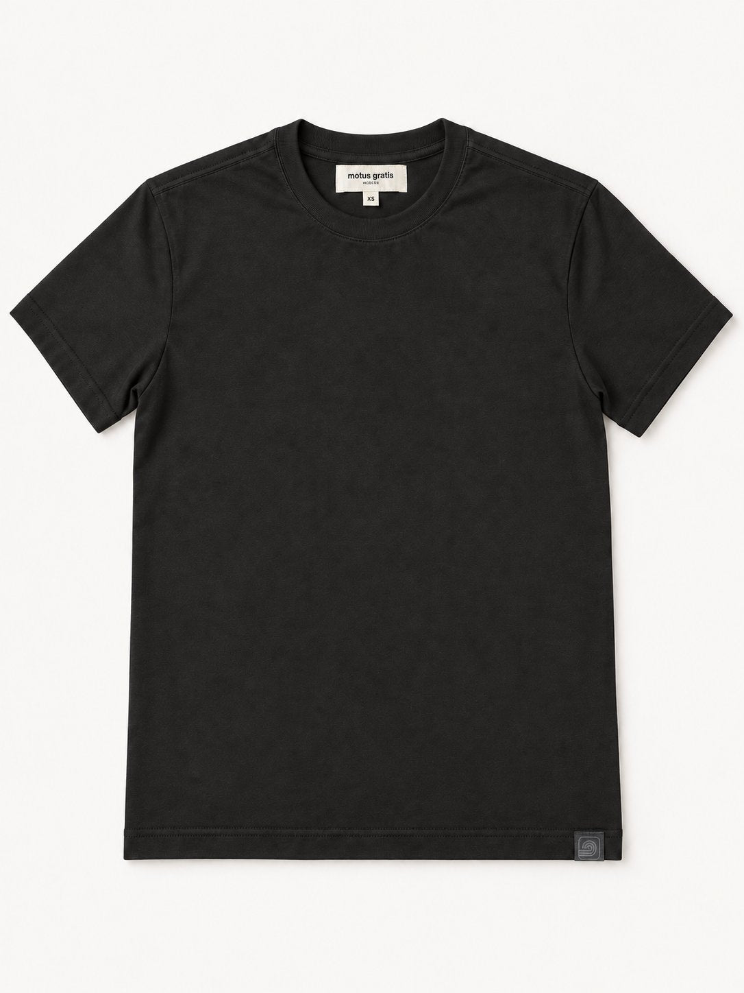 Black Moderni unisex T-shirt full front with neck label and woven bottom hem label