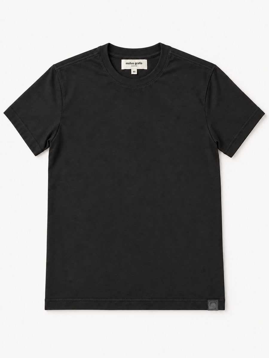 Black Moderni unisex T-shirt full front with neck label and woven bottom hem label