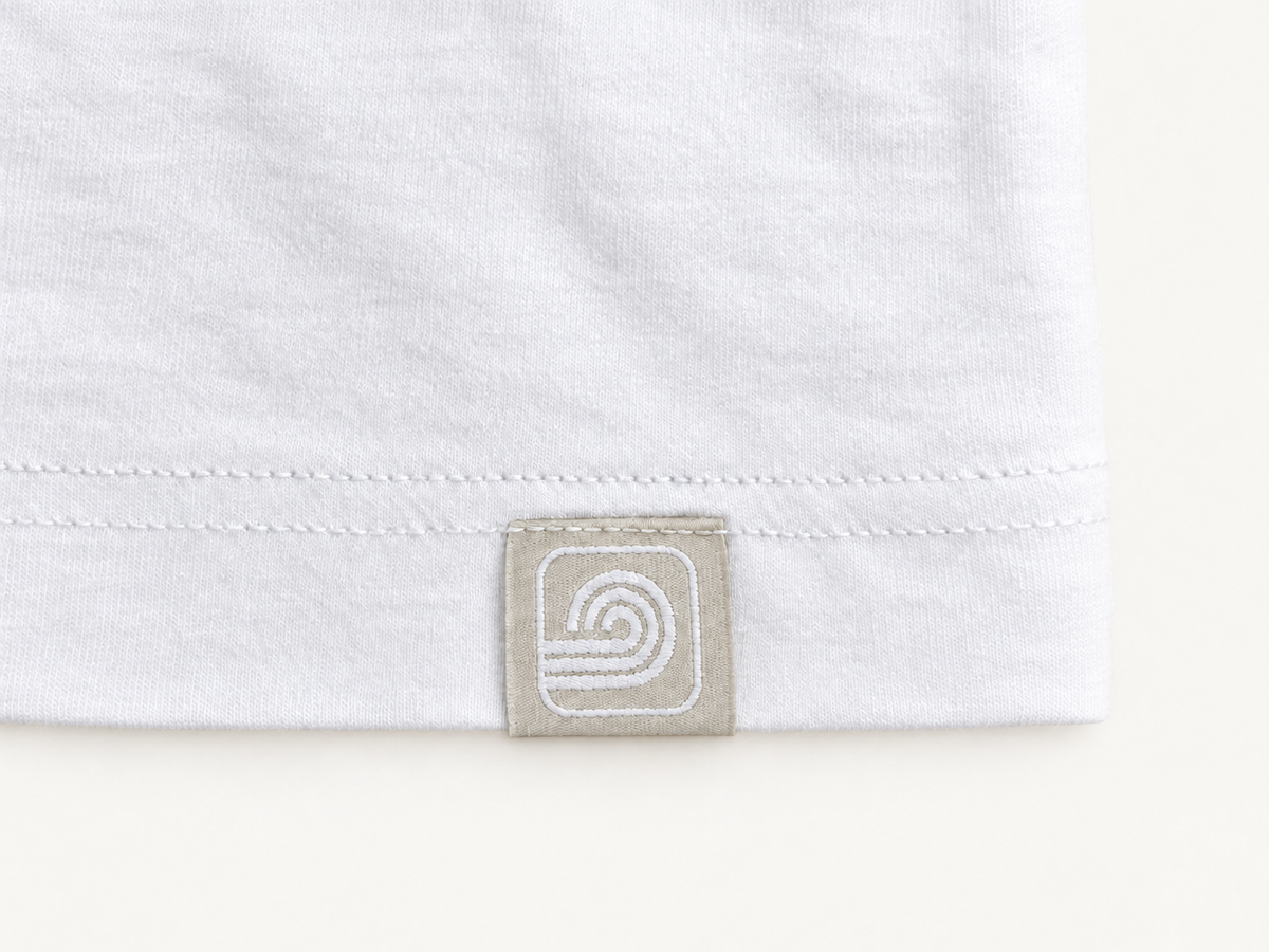 White Moderni unisex T-shirt bottom hem woven emblem and stitching detail