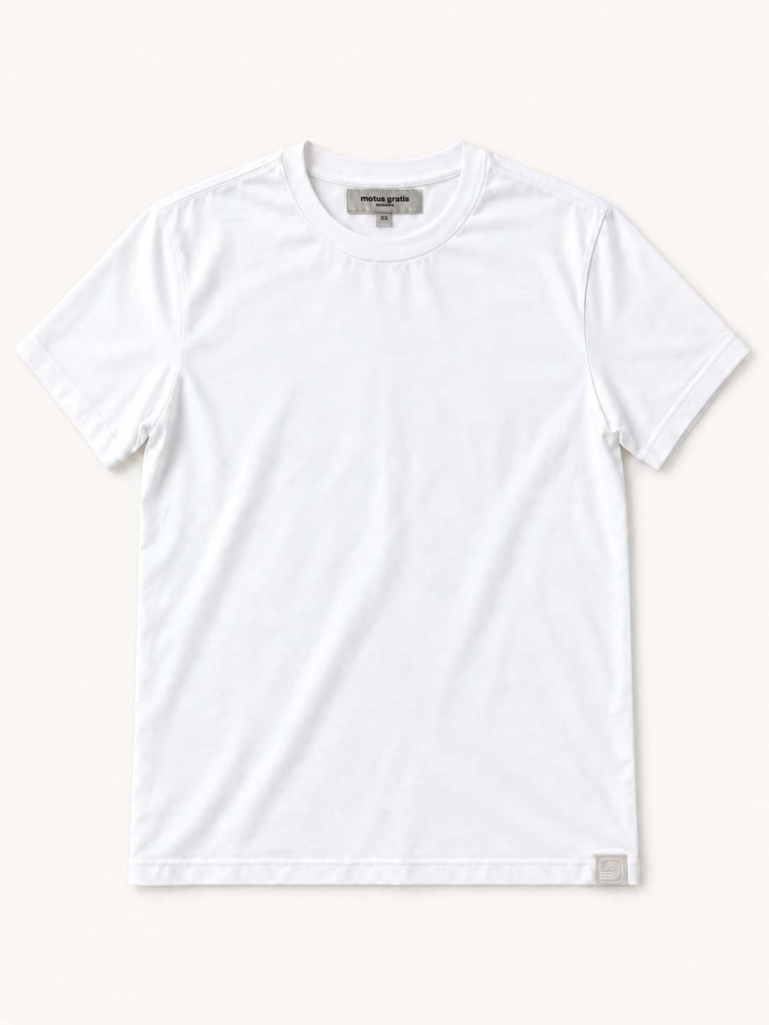 White Moderni unisex T-shirt full front view with sewn-in neck label, XS tab and woven label at the bottom hem