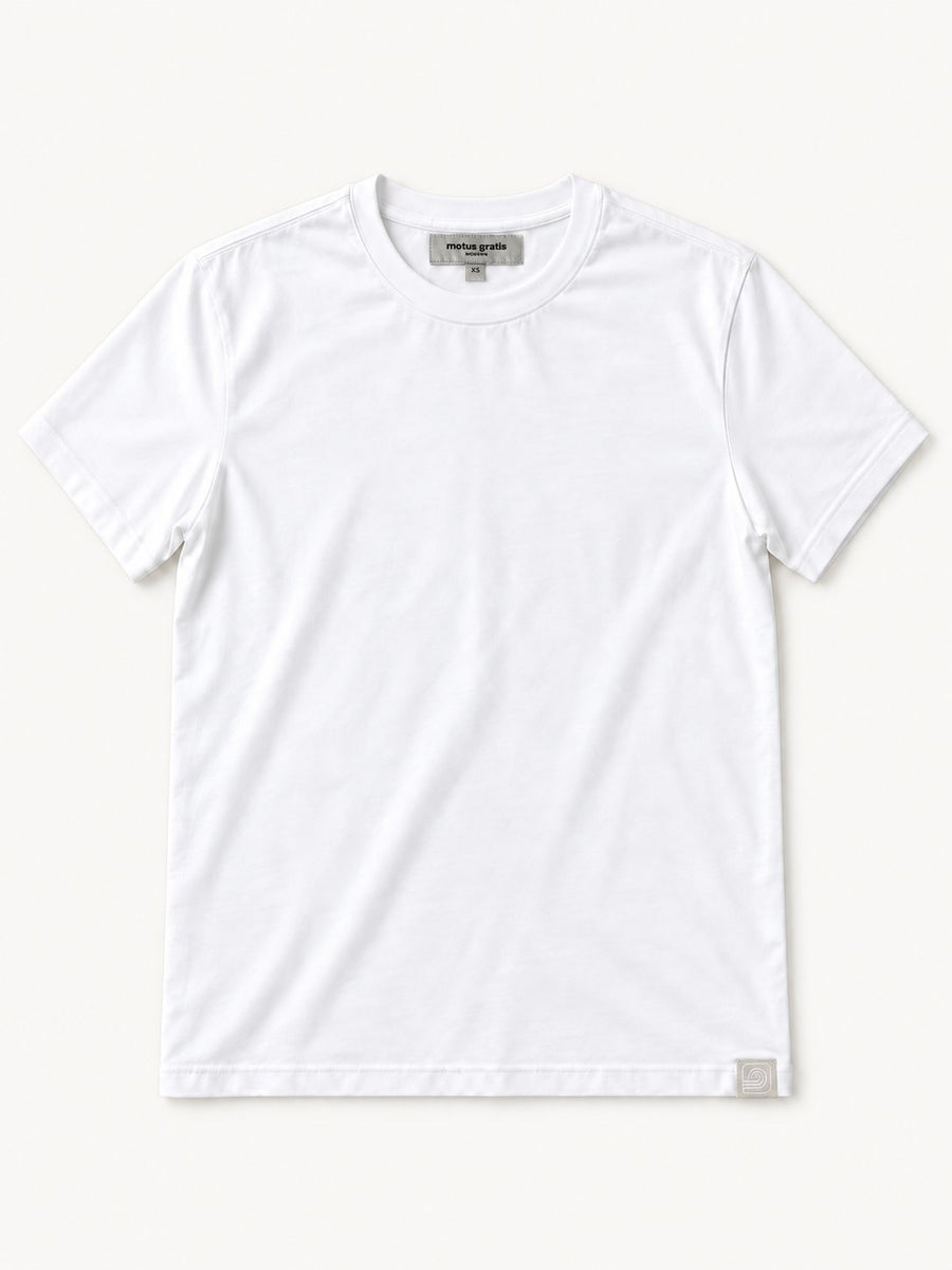 White Moderni unisex T-shirt full front view with sewn-in neck label, XS tab and woven label at the bottom hem