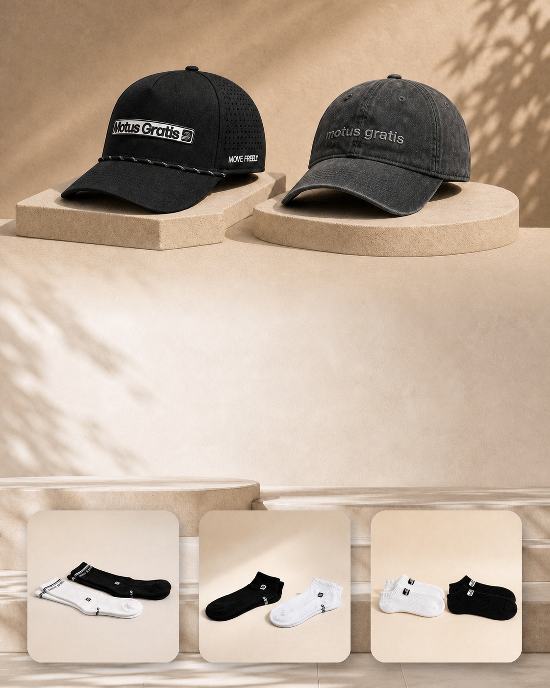 Motus Gratis accessories mobile hero with Versa and Vita caps and sock styles