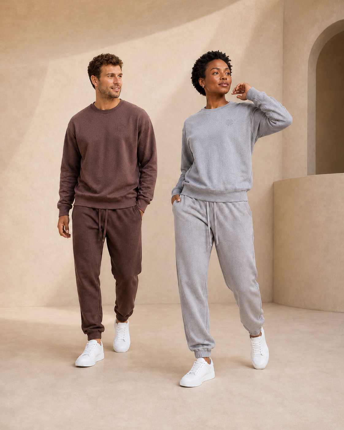 Motus Gratis adult collection with man in brown and woman in gray coordinated sets, mobile hero
