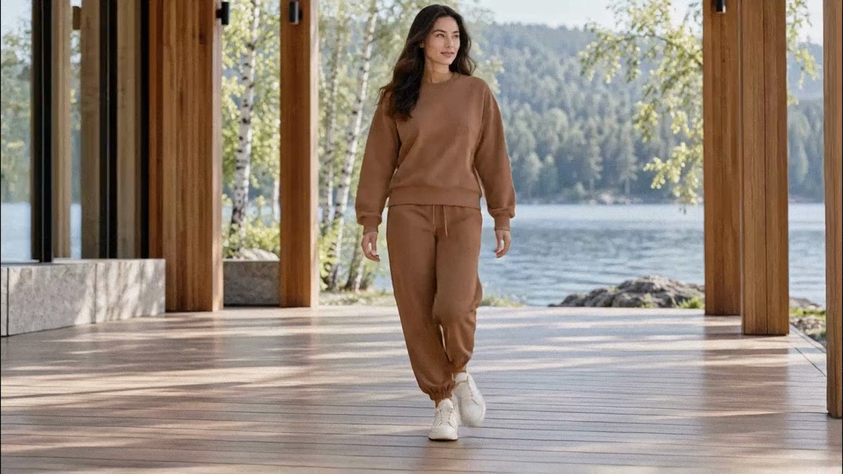 Adult model wearing a brown sweatshirt and matching sweatpants.