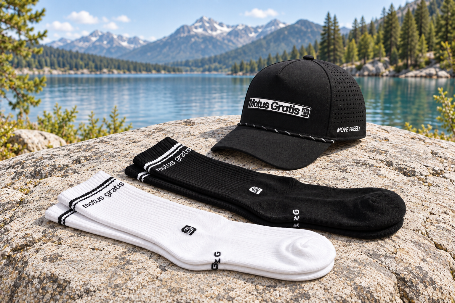 Black Versa cap and black and white Gradus socks on sunlit lakeside stone