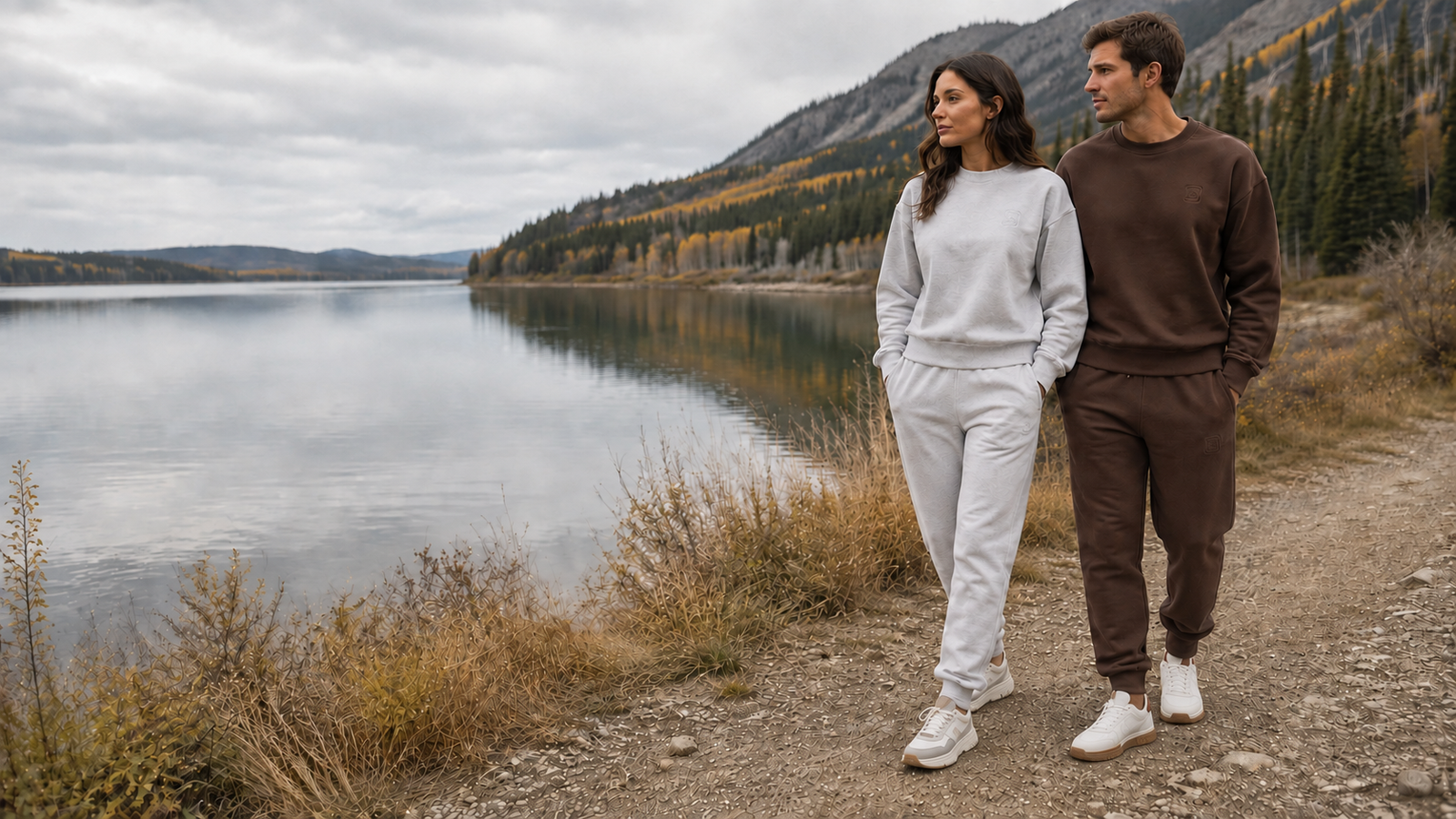 Woman in stone gray and man in brown Motus Gratis essentials walking beside a mountain lake
