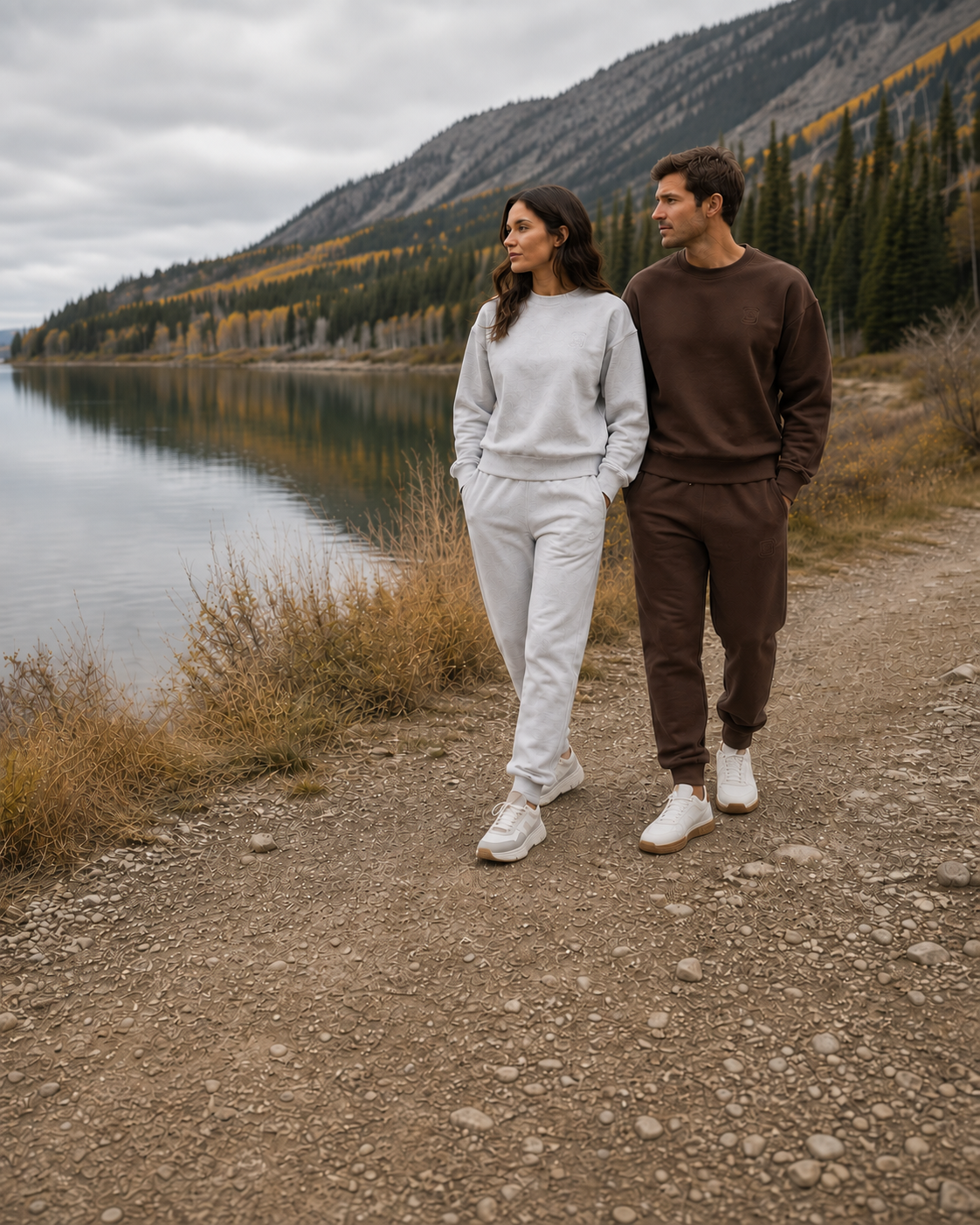 Woman in stone gray and man in brown Motus Gratis essentials walking beside a mountain lake