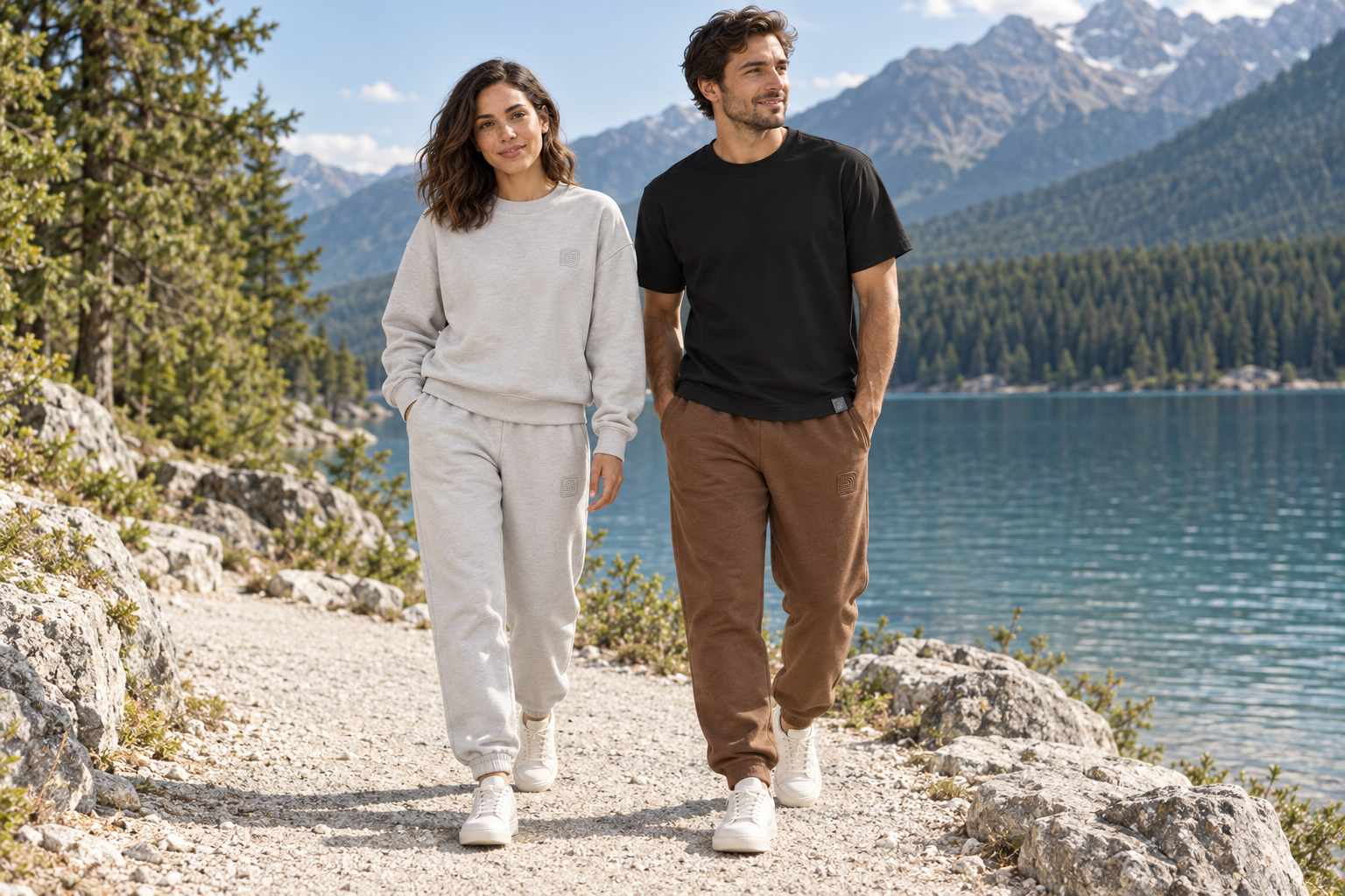 Woman in a gray sweatsuit and man in brown sweatpants and a black T-shirt beside a sunny lake