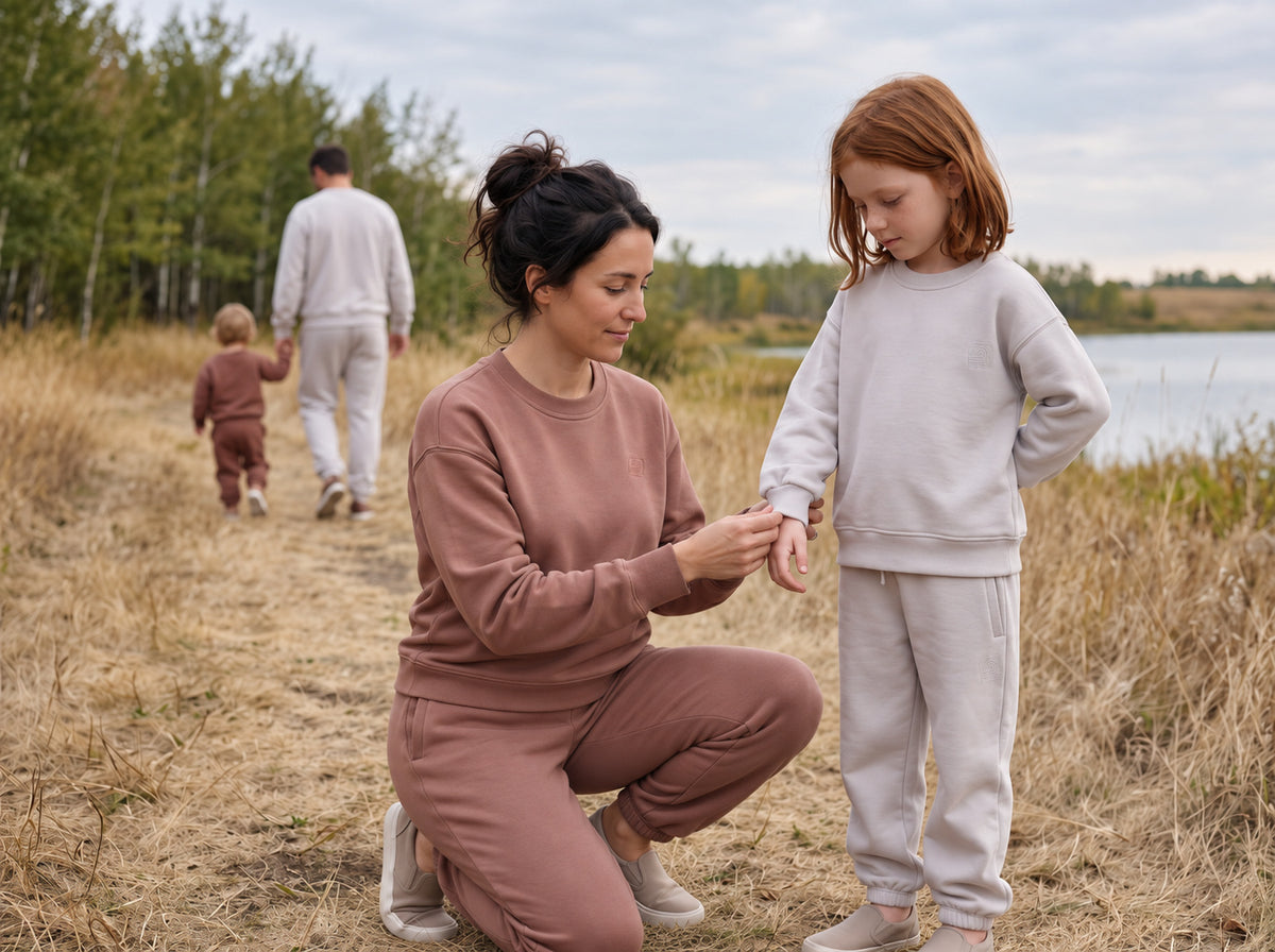 Adult and child models in Brown and Gray Motus Gratis cotton sweats share a quiet moment beside a lake, with another adult and toddler walking behind them.