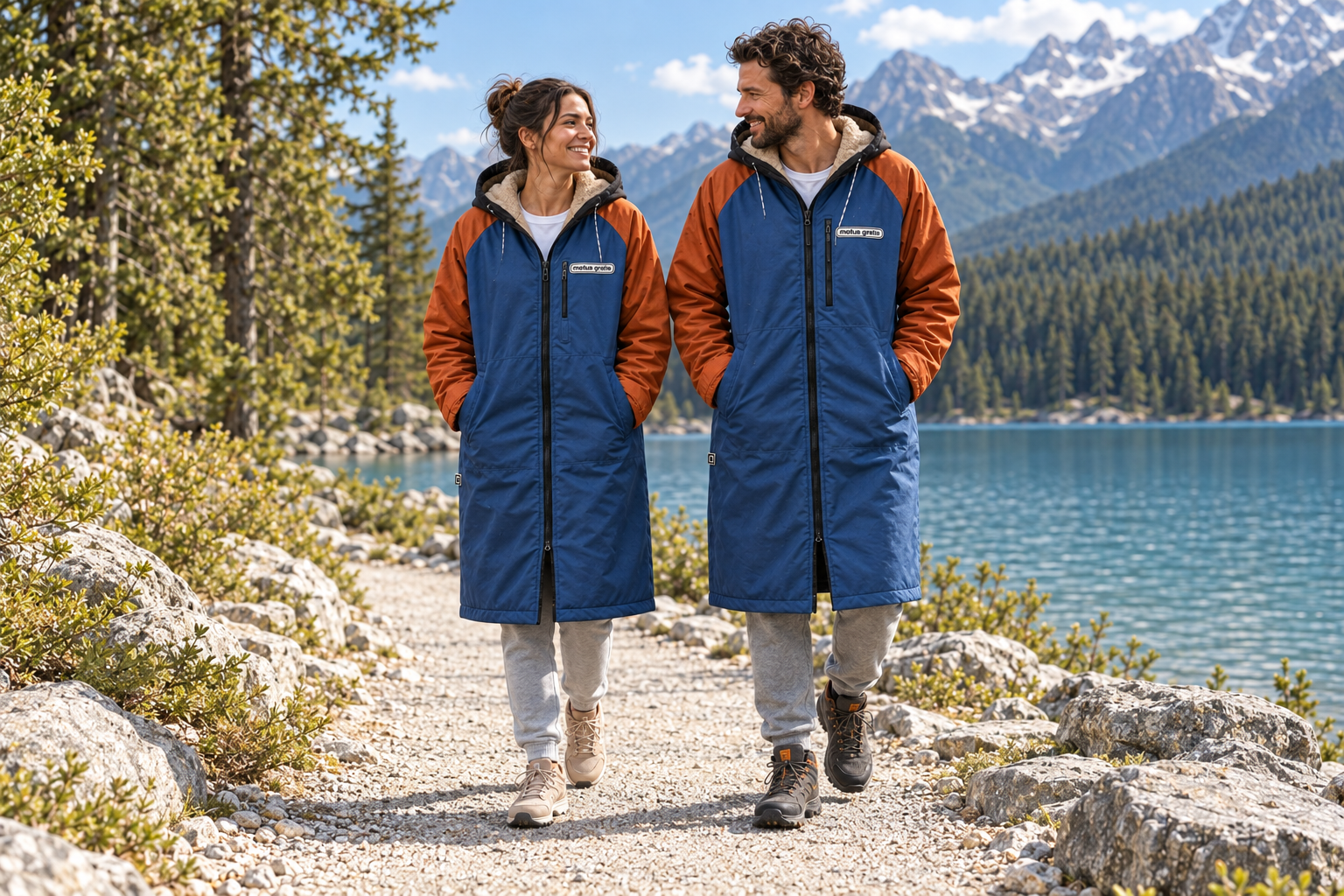 Two adults wearing blue and orange TOGHA changing robes beside a sunny lake