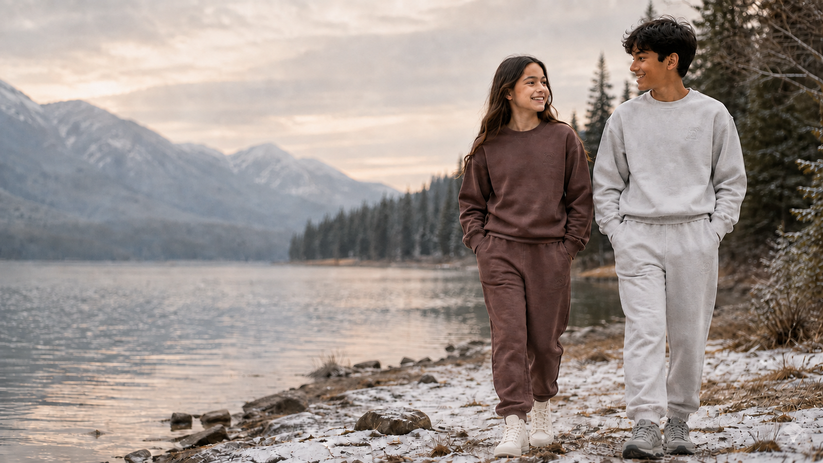 Girl in brown and boy in stone gray Motus Gratis youth essentials walking beside a mountain lake