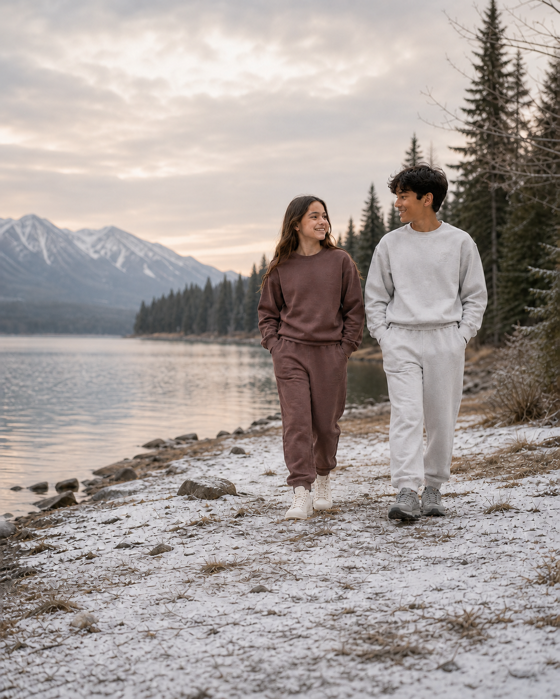 Girl in brown and boy in stone gray Motus Gratis youth essentials walking beside a mountain lake