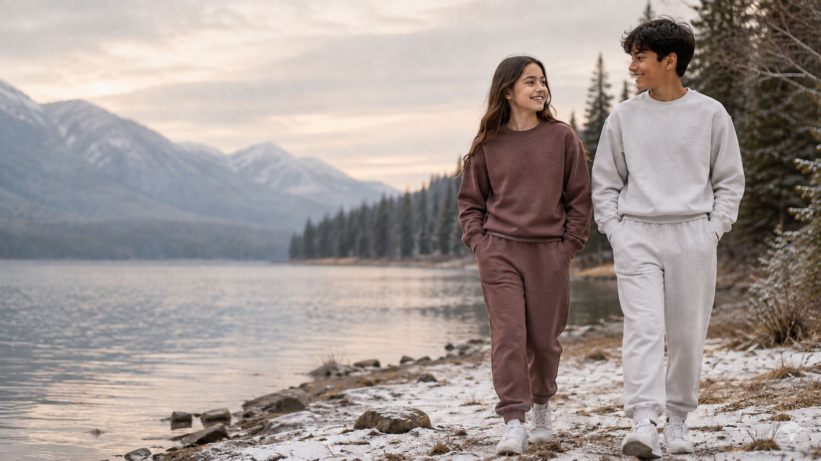 Two youth models wearing brown and stone-grey Motus Gratis sets beside a winter mountain lake