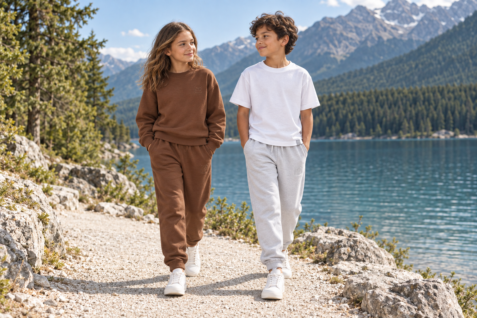 Girl in a brown sweatsuit and boy in gray sweatpants and a white T-shirt beside a sunny lake