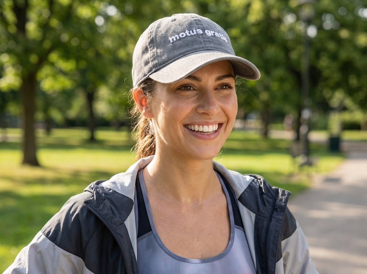Vita cap - White on Gray - on-model lifestyle view