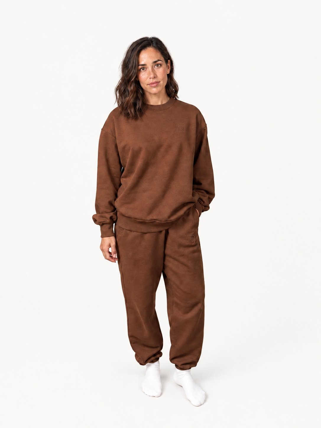 Women's brown Infinitum sweatshirt on fashion model — full front