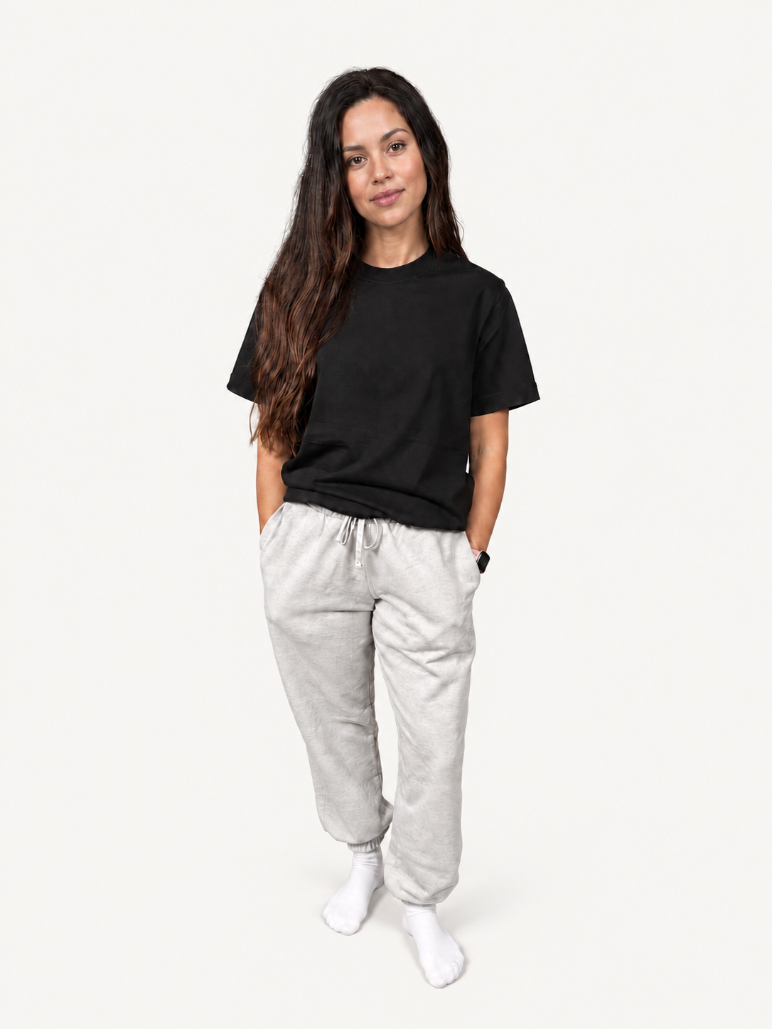 Black Moderni T-shirt on model, front tucked styling