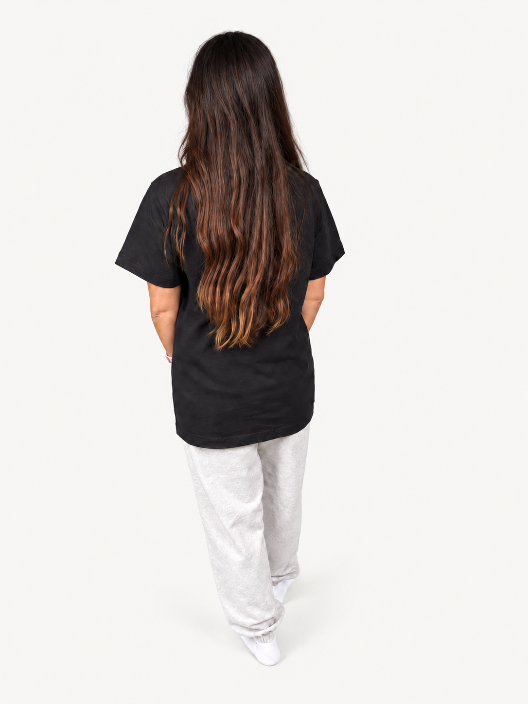 Black Moderni T-shirt on model, untucked back view