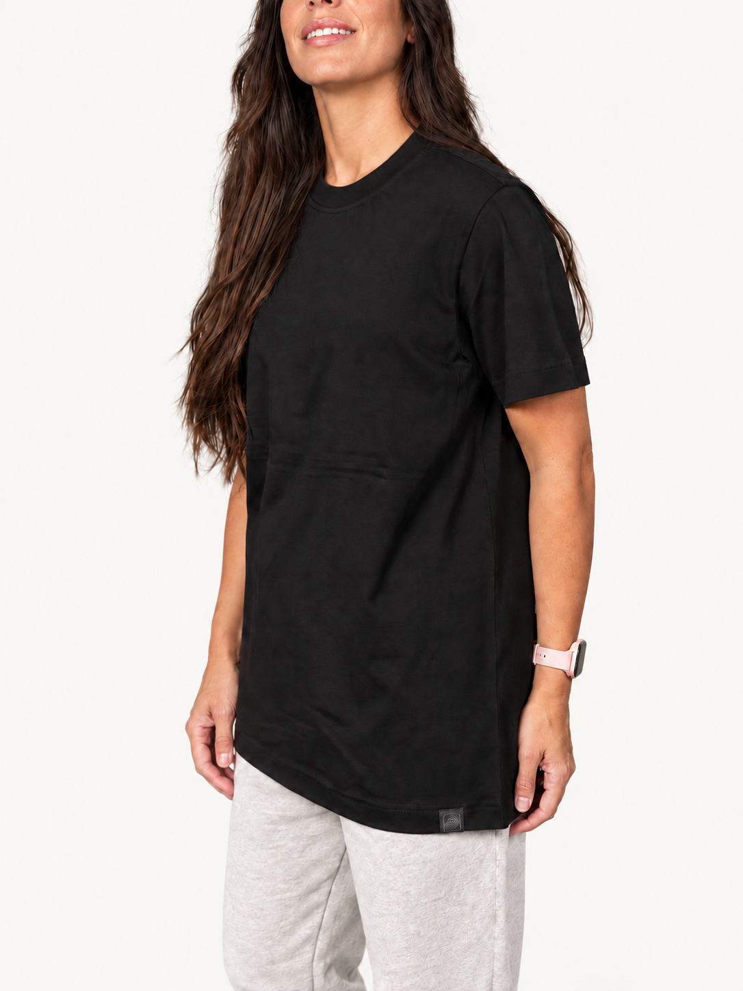 Black Moderni T-shirt on model, fabric and hem detail
