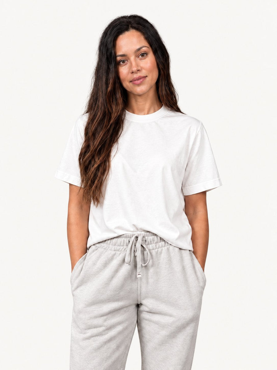 Women's white Moderni XS T-shirt on fashion model — tucked